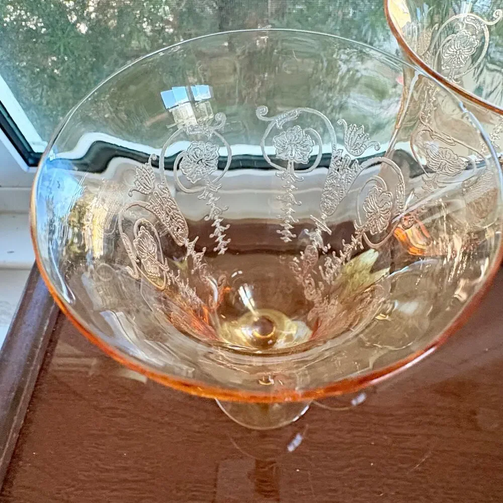 Set of 2 1940s Vintage Etched Amber Stem Wine Goblets Art Deco Glass UV Red Glow